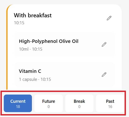 Supplementation screen with Break filter showing supplements on an off-cycle period