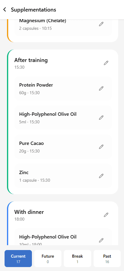 Home Scheduled section with a supplement section row alongside habits or workouts sorted by time