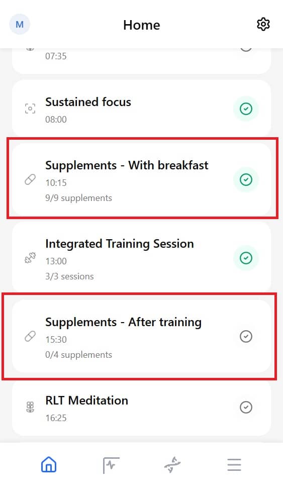 Home Scheduled list with Supplements section row showing partial completion count and checkbox