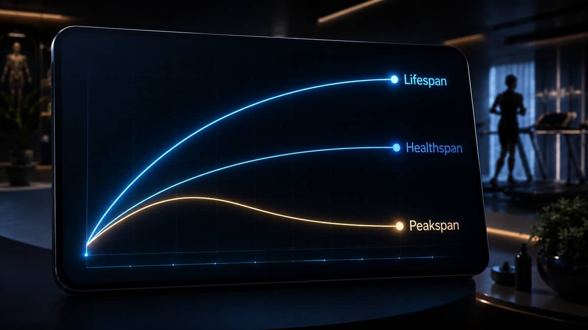 Digital tablet displaying Lifespan, Healthspan and Peakspan trajectories on a glowing graph
